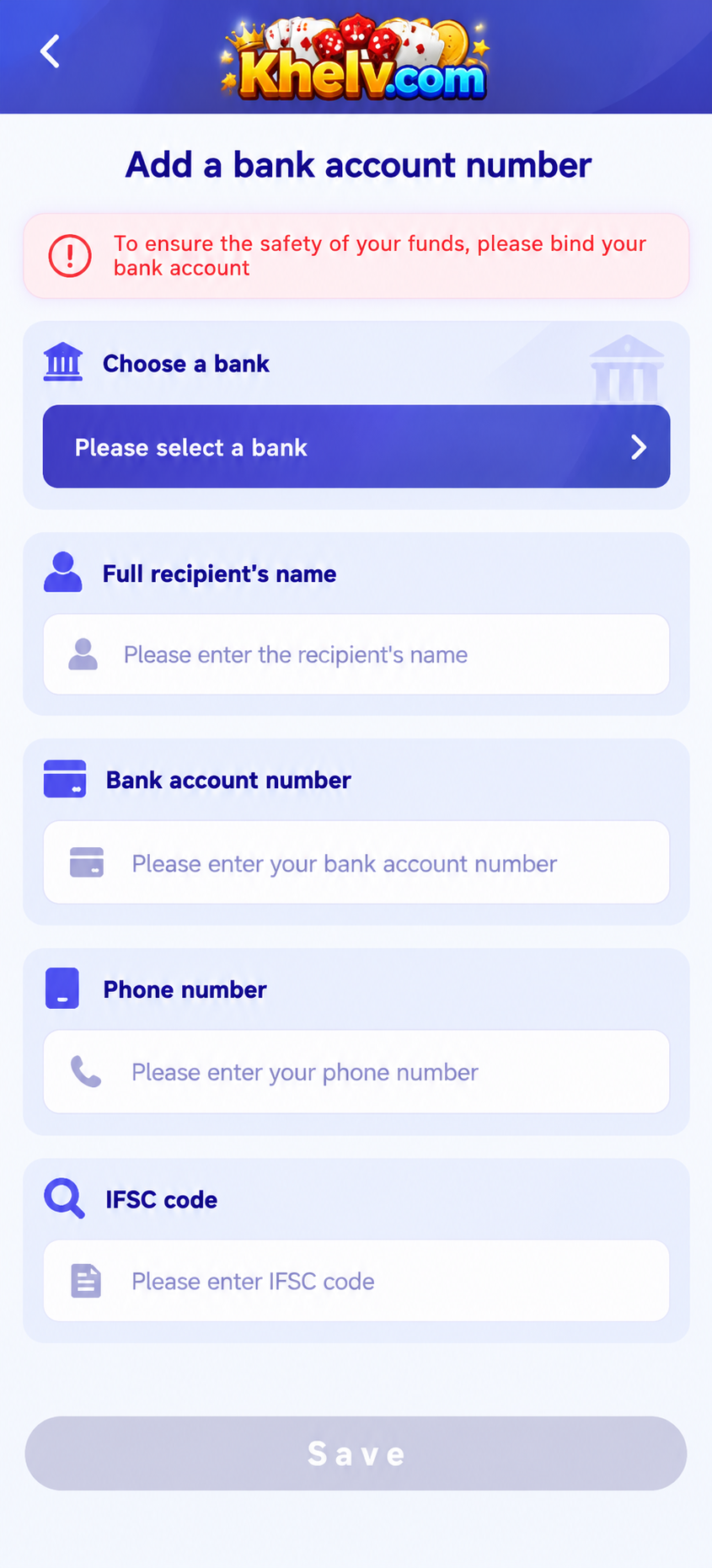 Khelv Game add bank account screen