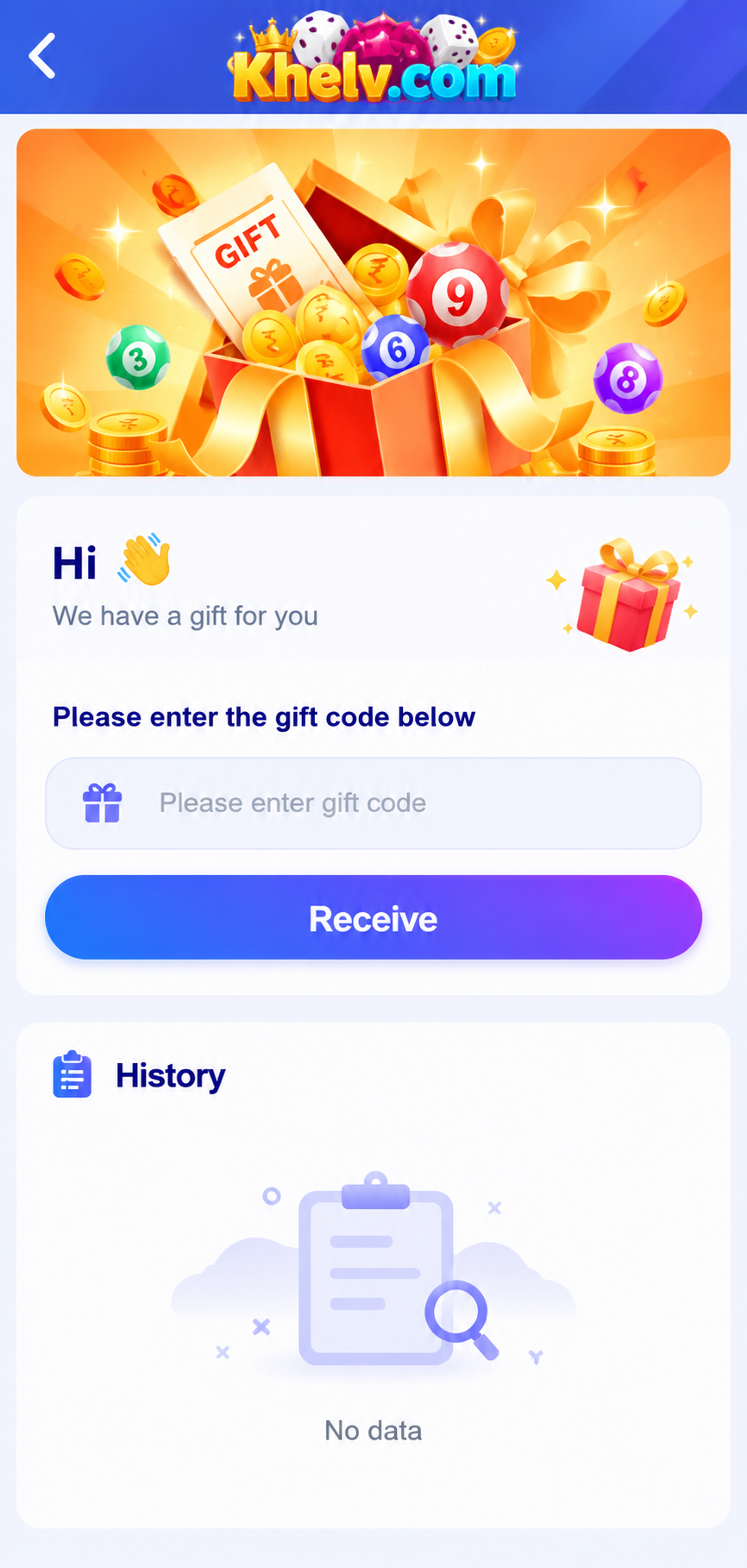 Khelv Game gift code redeem screen