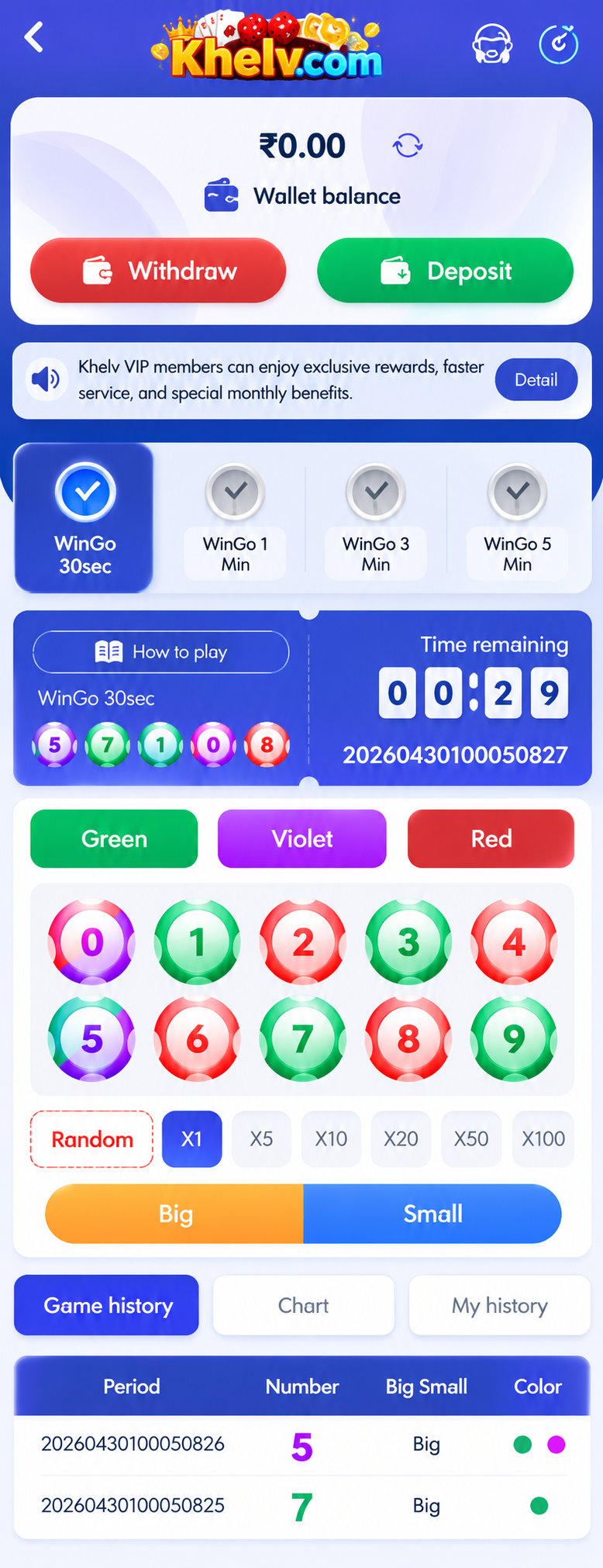 Khelv WinGo red green violet colour prediction screen